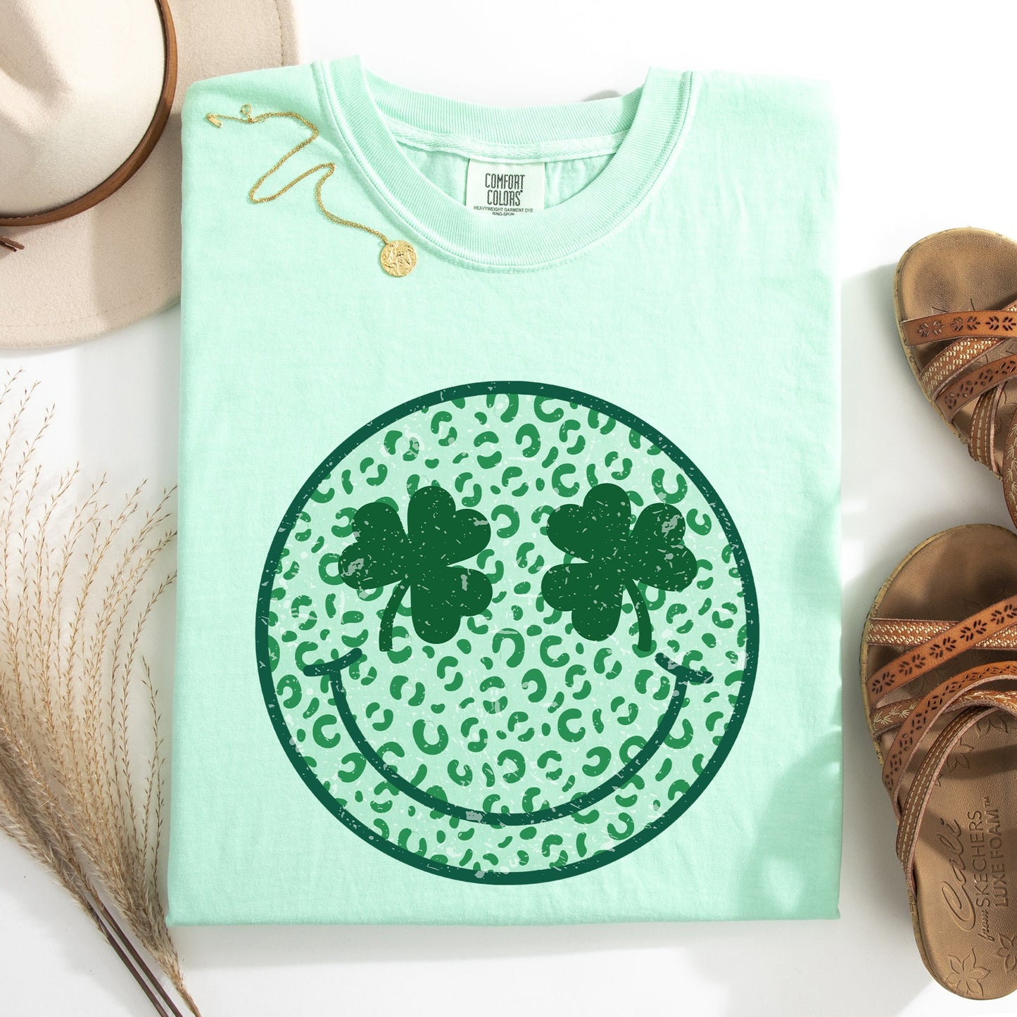 Leopard Print Smiley, Retro, St Patrick's Day, Shamrock, Clover, Lucky, Leprechaun Tshirt Comfort Colors T-Shirt