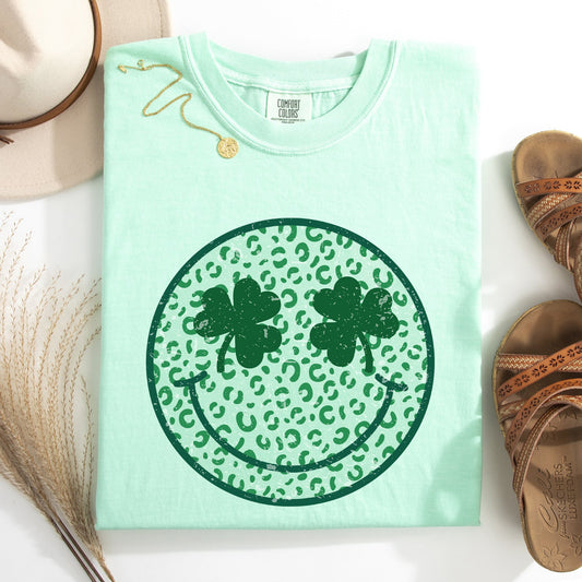 Leopard Print Smiley, Retro, St Patrick's Day, Shamrock, Clover, Lucky, Leprechaun Tshirt Comfort Colors T-Shirt