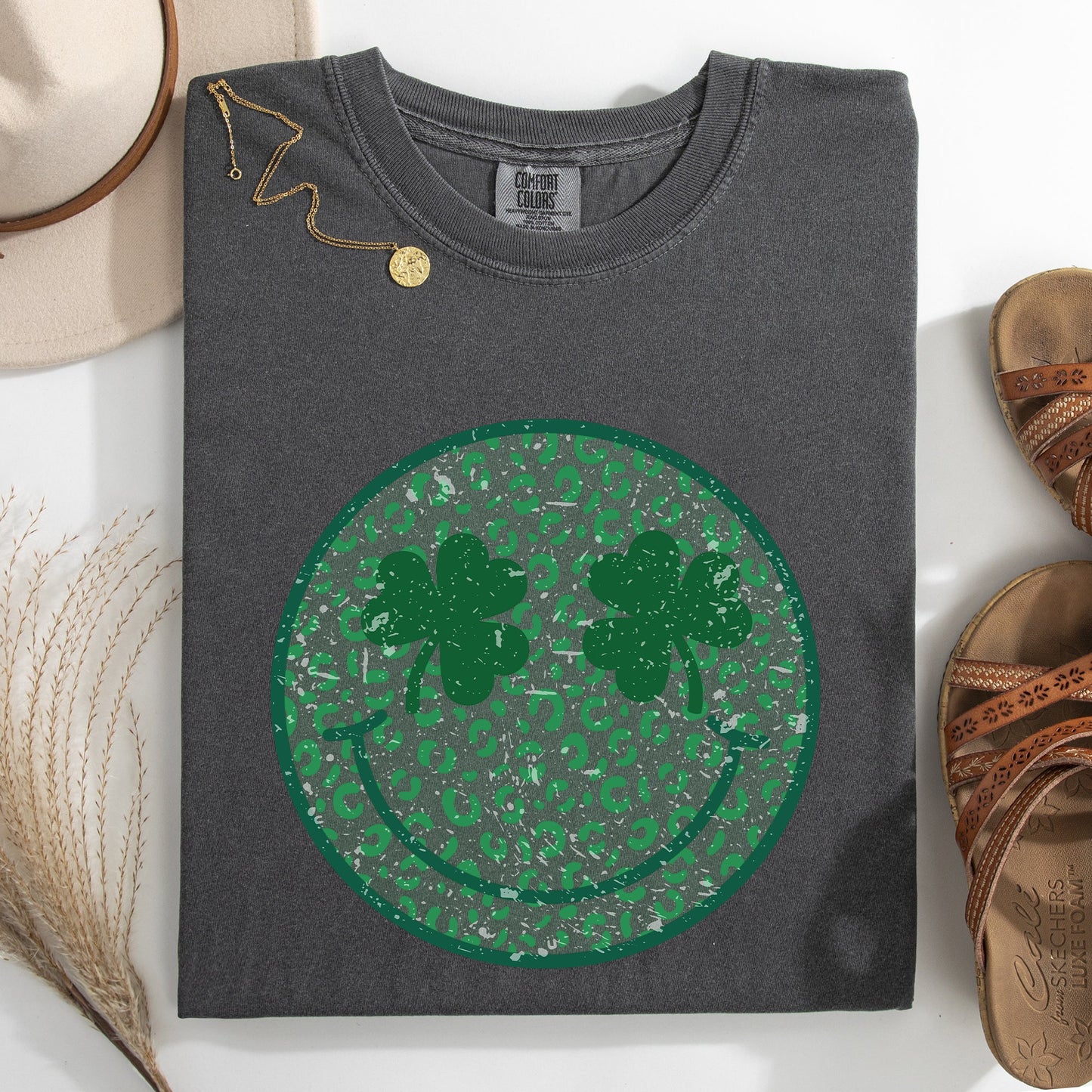 Leopard Print Smiley, Retro, St Patrick's Day, Shamrock, Clover, Lucky, Leprechaun Tshirt Comfort Colors T-Shirt