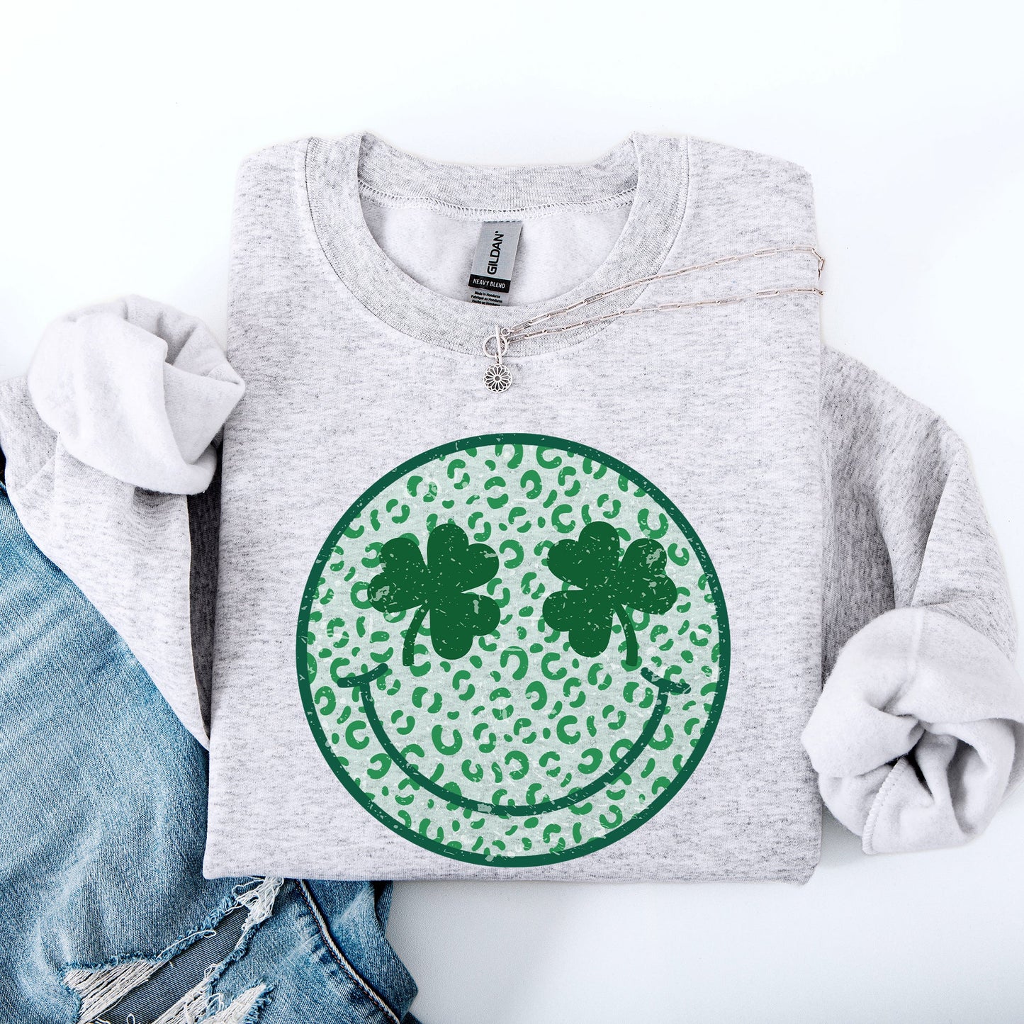 Leopard Print Smiley, Retro, St Patrick's Day, Shamrock, Clover, Lucky, Leprechaun Sweatshirt