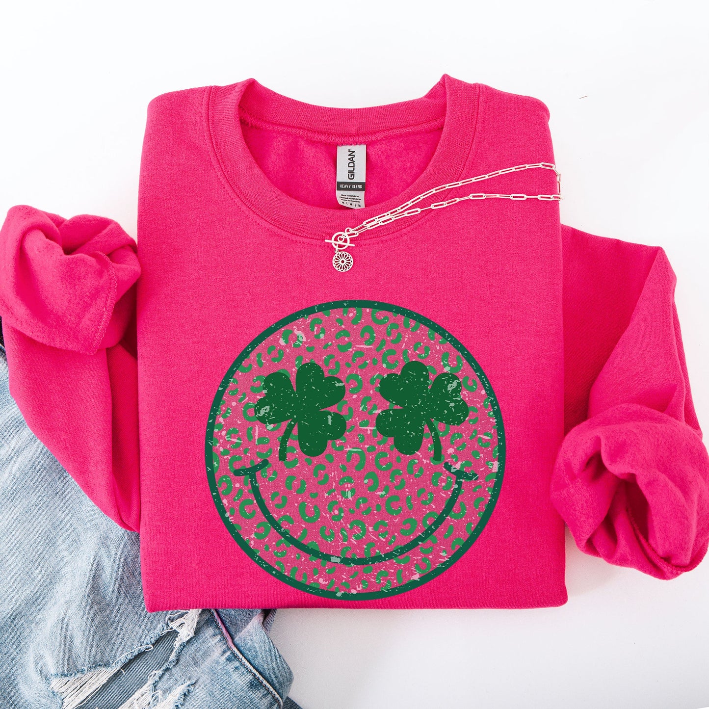 Leopard Print Smiley, Retro, St Patrick's Day, Shamrock, Clover, Lucky, Leprechaun Sweatshirt