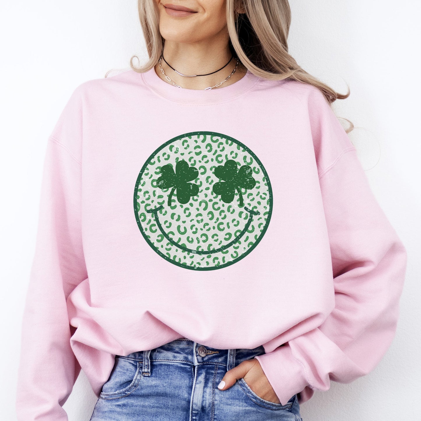 Leopard Print Smiley, Retro, St Patrick's Day, Shamrock, Clover, Lucky, Leprechaun Sweatshirt