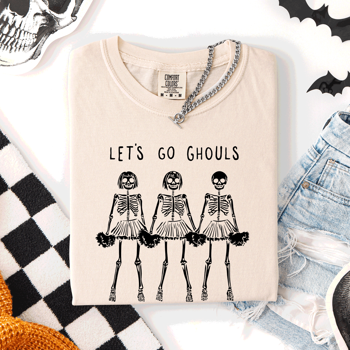 Let's Go Ghouls, Skeleton Cheerleaders, Cute, Halloween, Comfort Colors T-Shirt