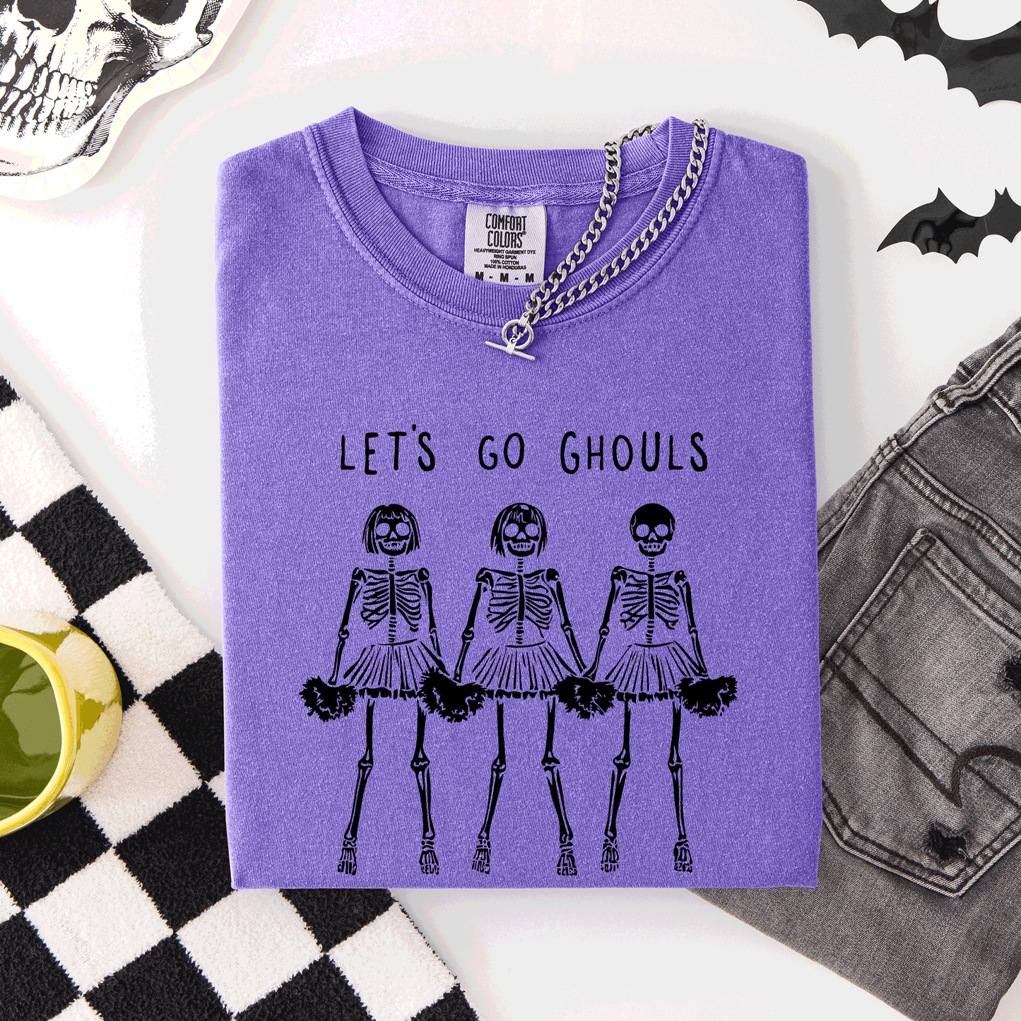 Let's Go Ghouls, Skeleton Cheerleaders, Cute, Halloween, Comfort Colors T-Shirt