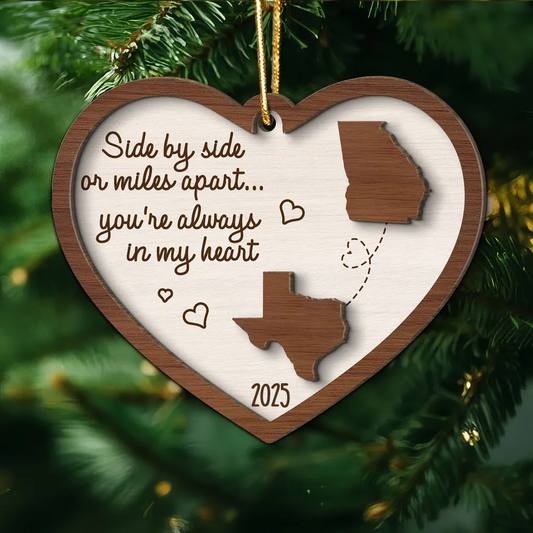 Miles Apart Long Distance Family Friendship State Map - Personalized Custom 2-layered Wood Ornament - Christmas Gift for Long Distance Family, Friendship Gift