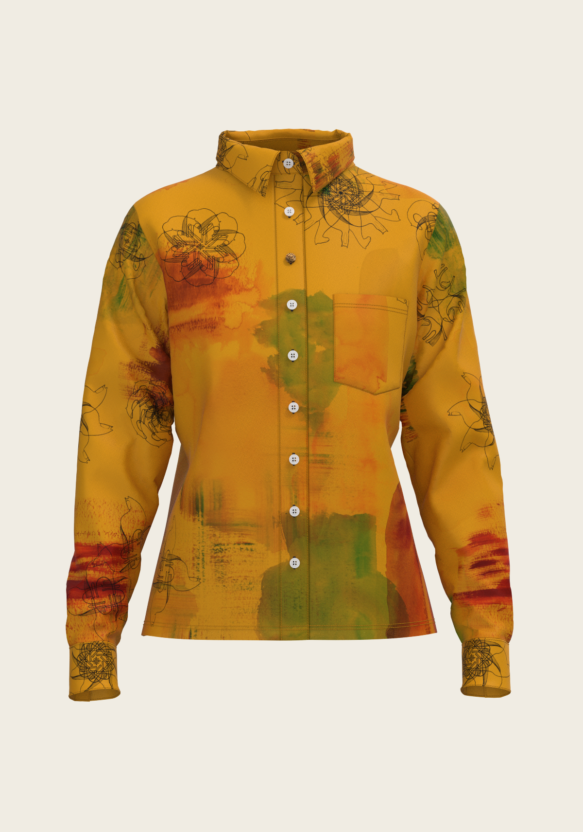 Horse Flower Fair on Ochre Loose Fitting Button Shirt