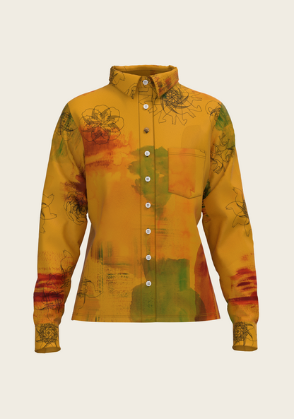 Horse Flower Fair on Ochre Loose Fitting Button Shirt