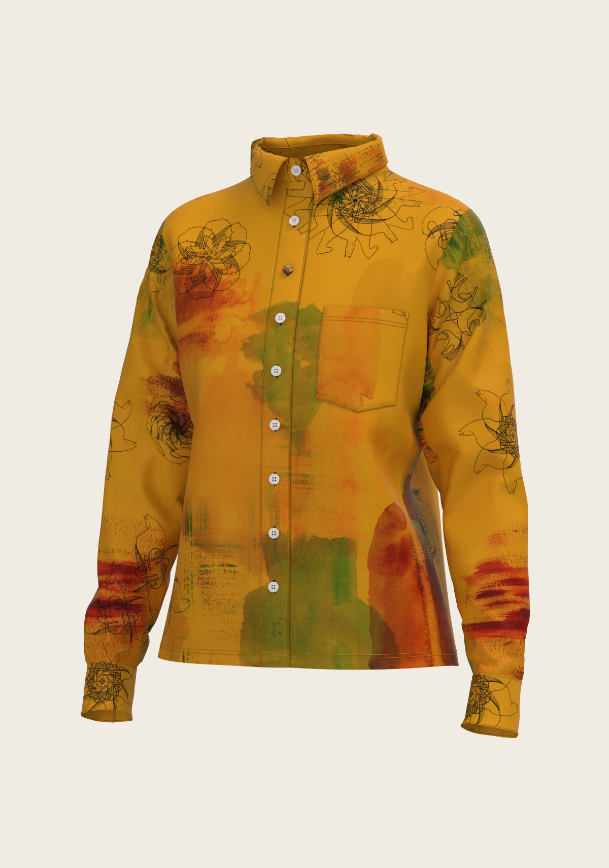 Horse Flower Fair on Ochre Loose Fitting Button Shirt