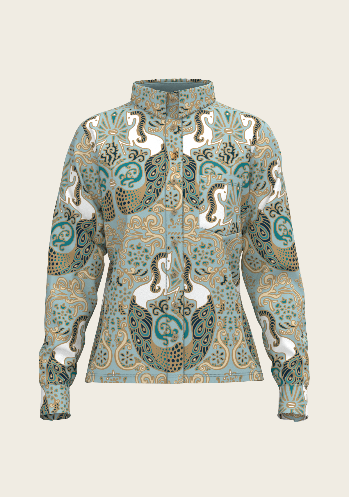 Mermaid Horses on Sky Blue Loose Fitting Button Shirt