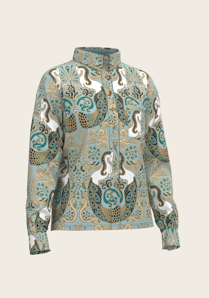 Mermaid Horses on Sky Blue Loose Fitting Button Shirt