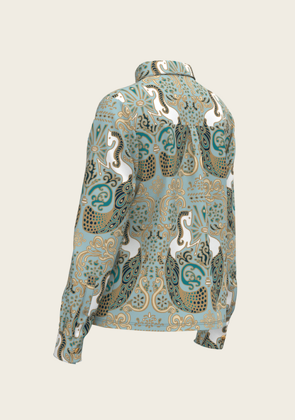 Mermaid Horses on Sky Blue Loose Fitting Button Shirt