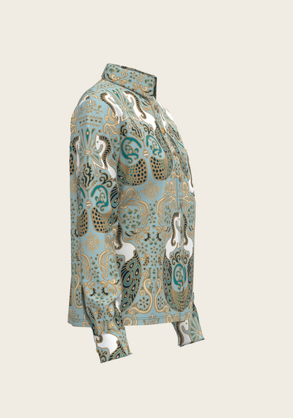 Mermaid Horses on Sky Blue Loose Fitting Button Shirt