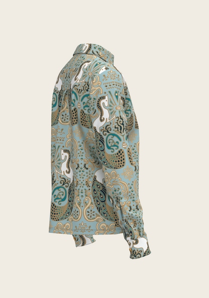 Mermaid Horses on Sky Blue Loose Fitting Button Shirt