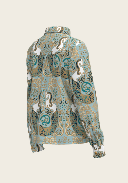 Mermaid Horses on Sky Blue Loose Fitting Button Shirt
