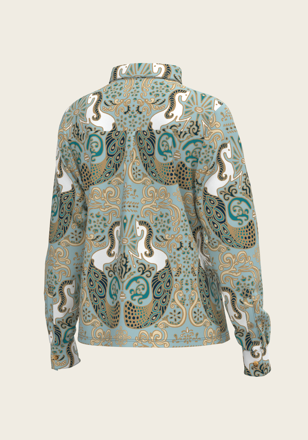 Mermaid Horses on Sky Blue Loose Fitting Button Shirt