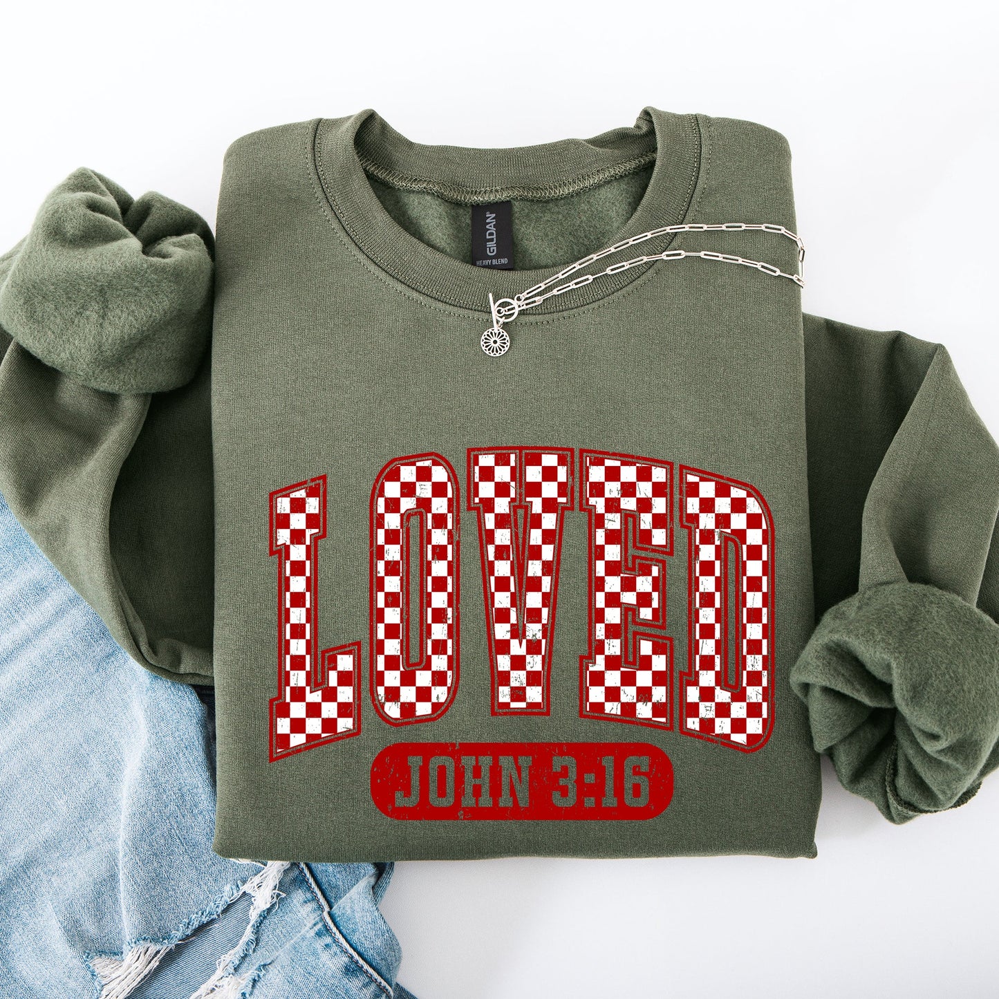 Loved, John 3 16, Checkered, Valentine's Day, Love, Christian, Faith Sweatshirt