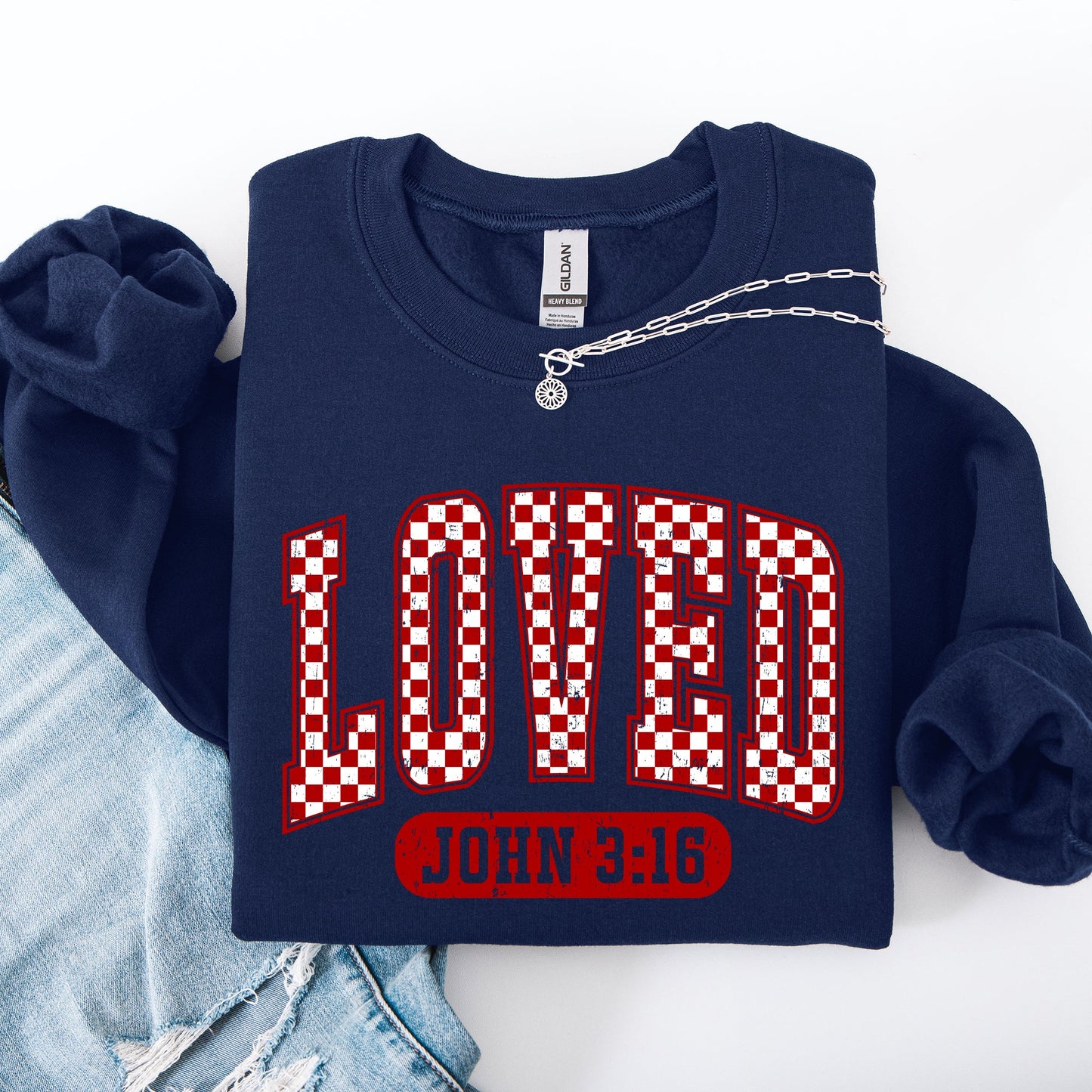 Loved, John 3 16, Checkered, Valentine's Day, Love, Christian, Faith Sweatshirt