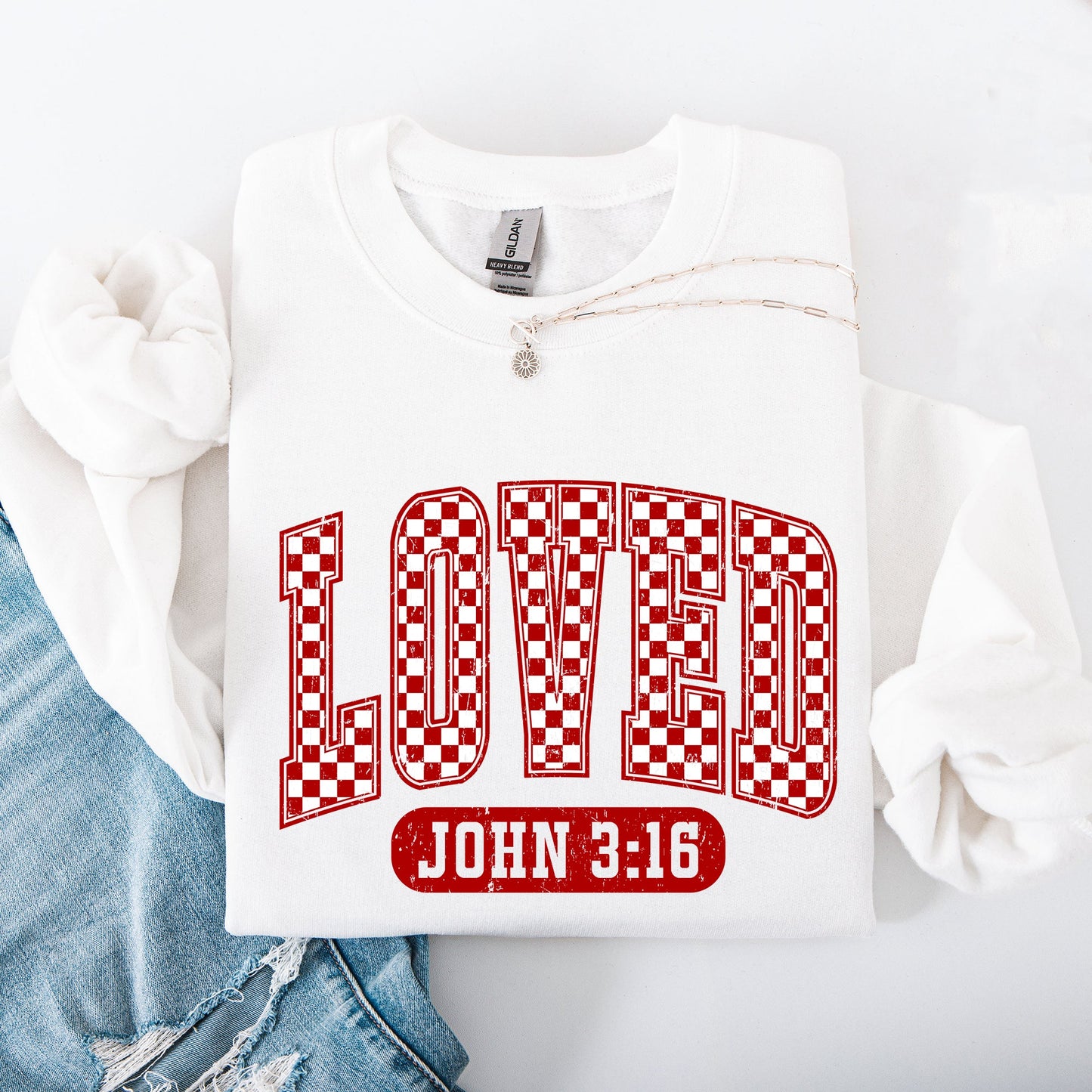 Loved, John 3 16, Checkered, Valentine's Day, Love, Christian, Faith Sweatshirt