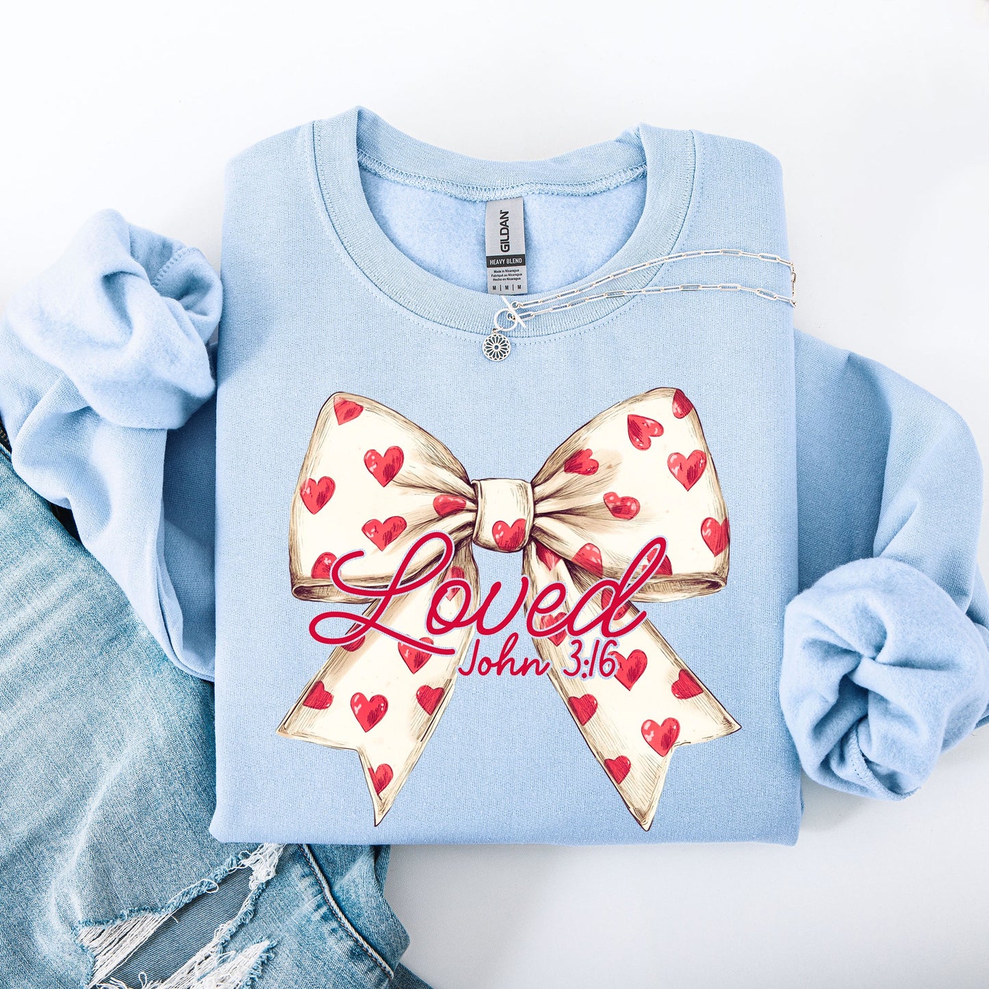 Loved, John 3 16, Valentine's Day, Cream, Love, Bow, Ribbon, Hearts, Christian, Faith Sweatshirt