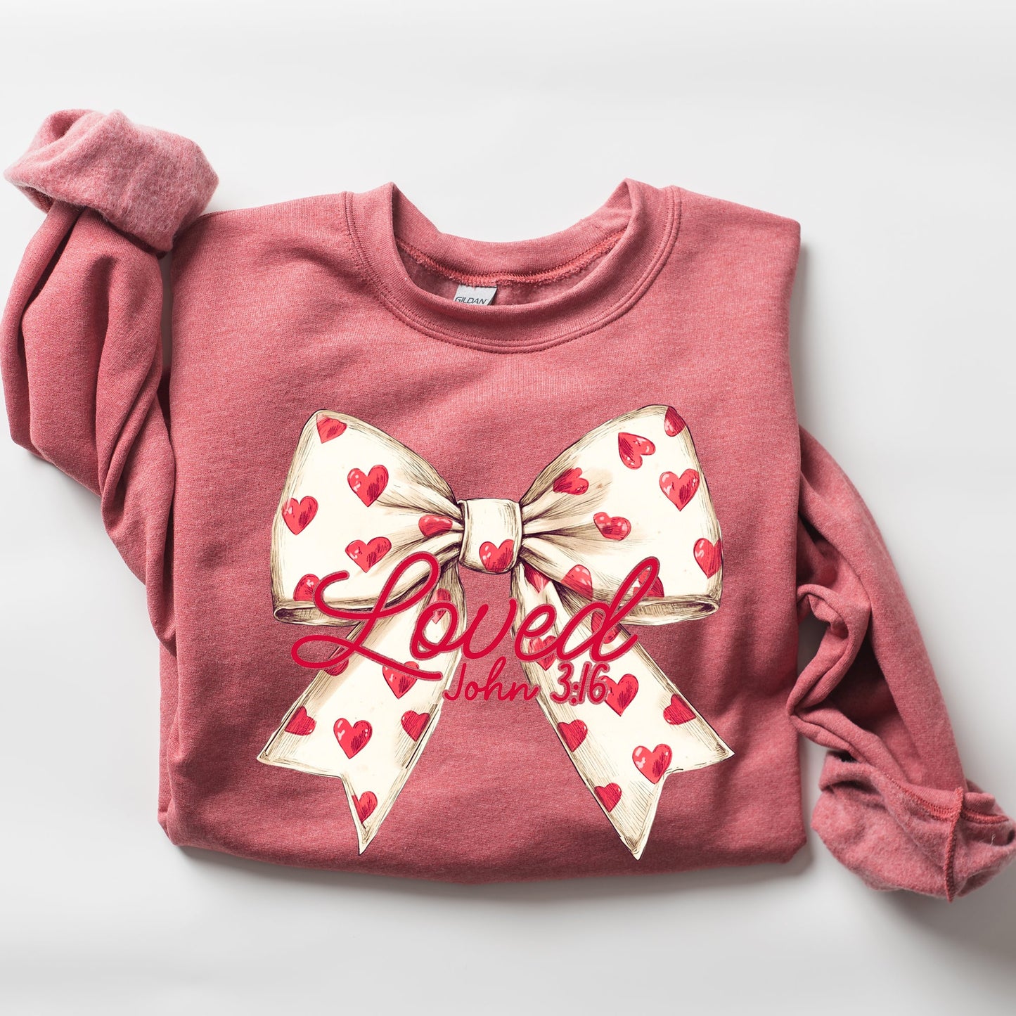 Loved, John 3 16, Valentine's Day, Cream, Love, Bow, Ribbon, Hearts, Christian, Faith Sweatshirt