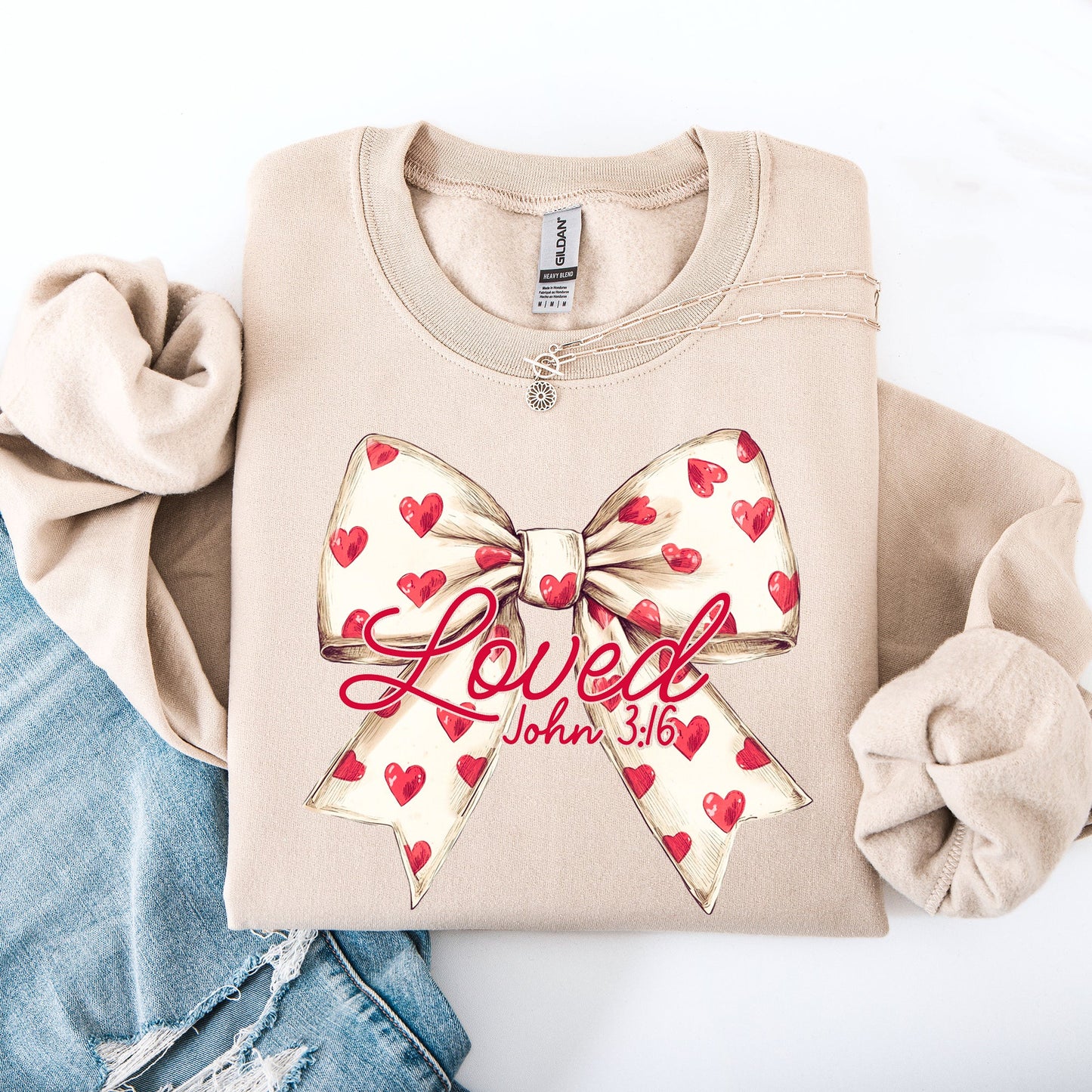 Loved, John 3 16, Valentine's Day, Cream, Love, Bow, Ribbon, Hearts, Christian, Faith Sweatshirt