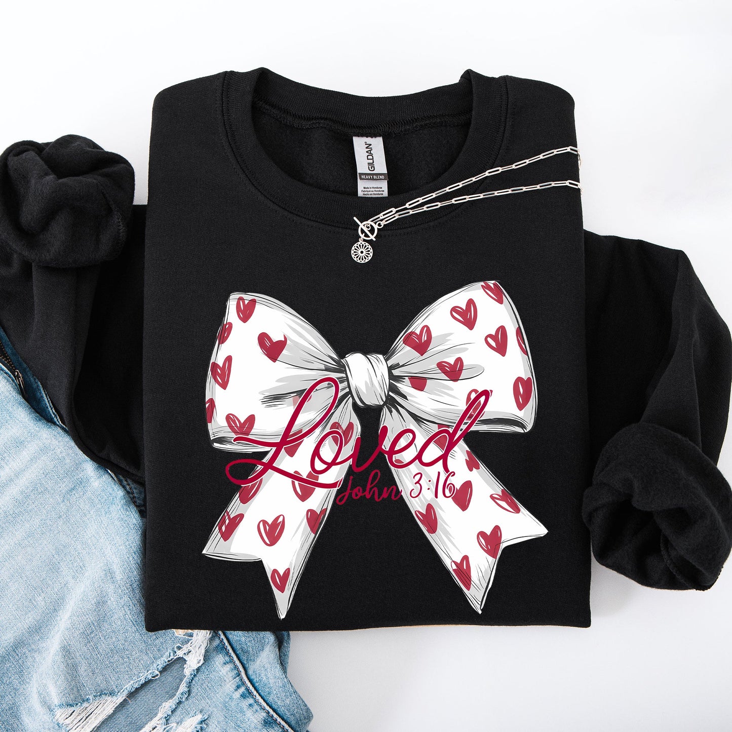 Loved, John 3 16, Valentine's Day, White, Love, Bow, Ribbon, Hearts, Christian, Faith Sweatshirt