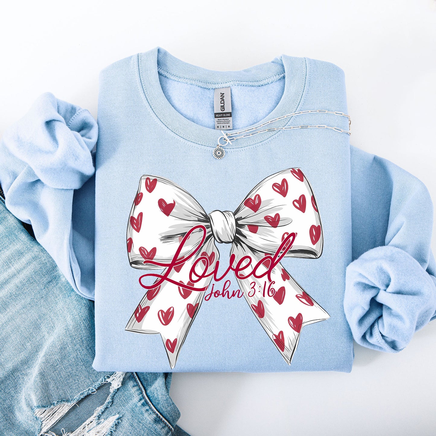 Loved, John 3 16, Valentine's Day, White, Love, Bow, Ribbon, Hearts, Christian, Faith Sweatshirt