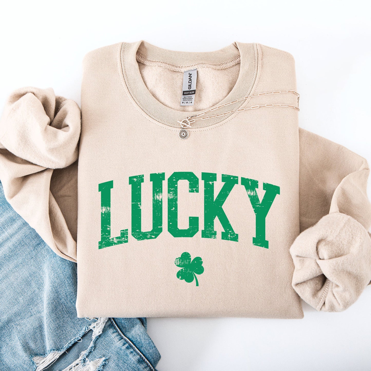 Lucky, Collegiate, Varsity, St Patrick's Day, Shamrock, Clover, Lucky, Leprechaun Sweatshirt