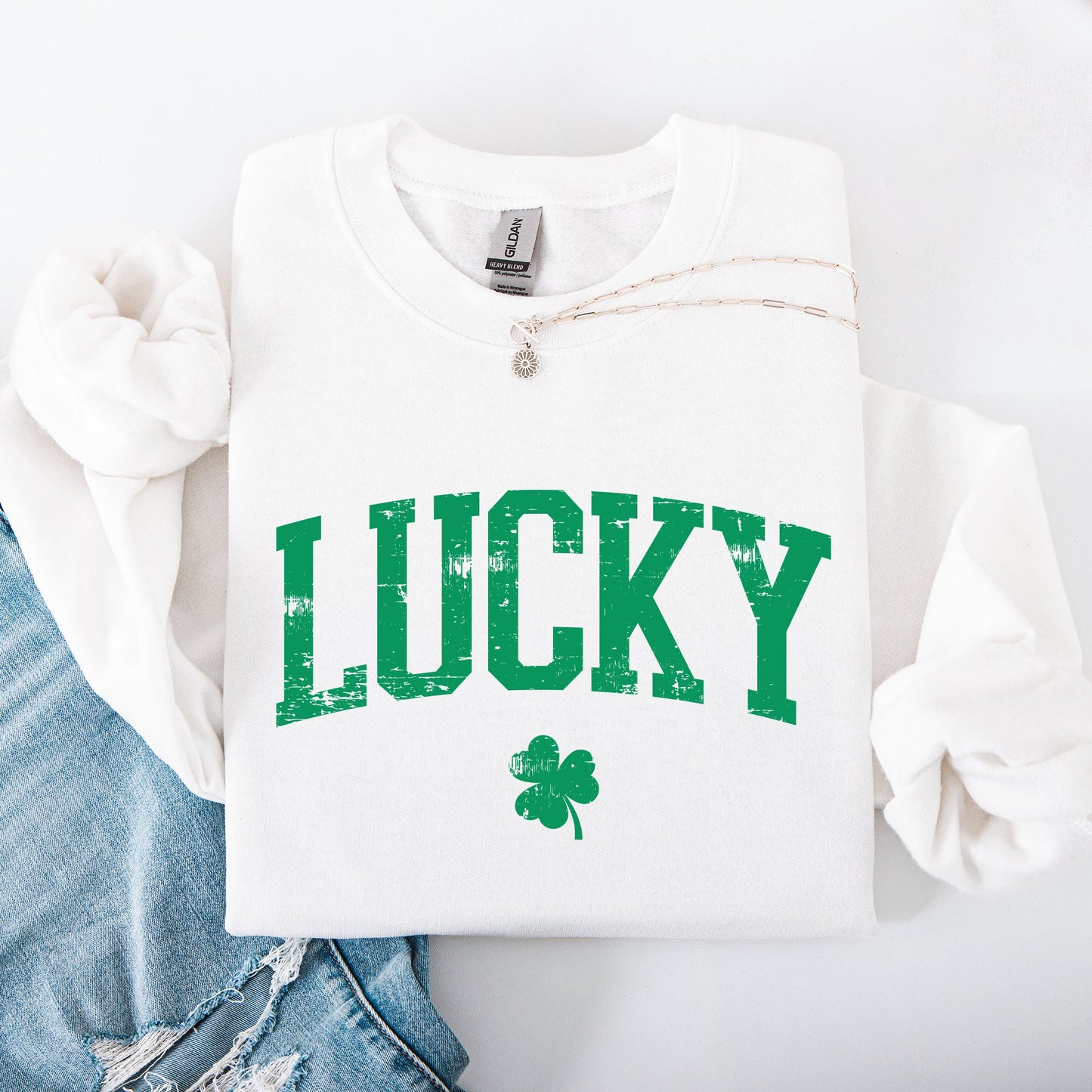 Lucky, Collegiate, Varsity, St Patrick's Day, Shamrock, Clover, Lucky, Leprechaun Sweatshirt