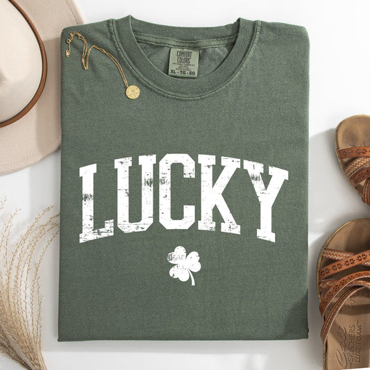 Lucky, Collegiate, Varsity, St Patrick's Day, Shamrock, Clover, Lucky, Leprechaun Tshirt Comfort Colors T-Shirt