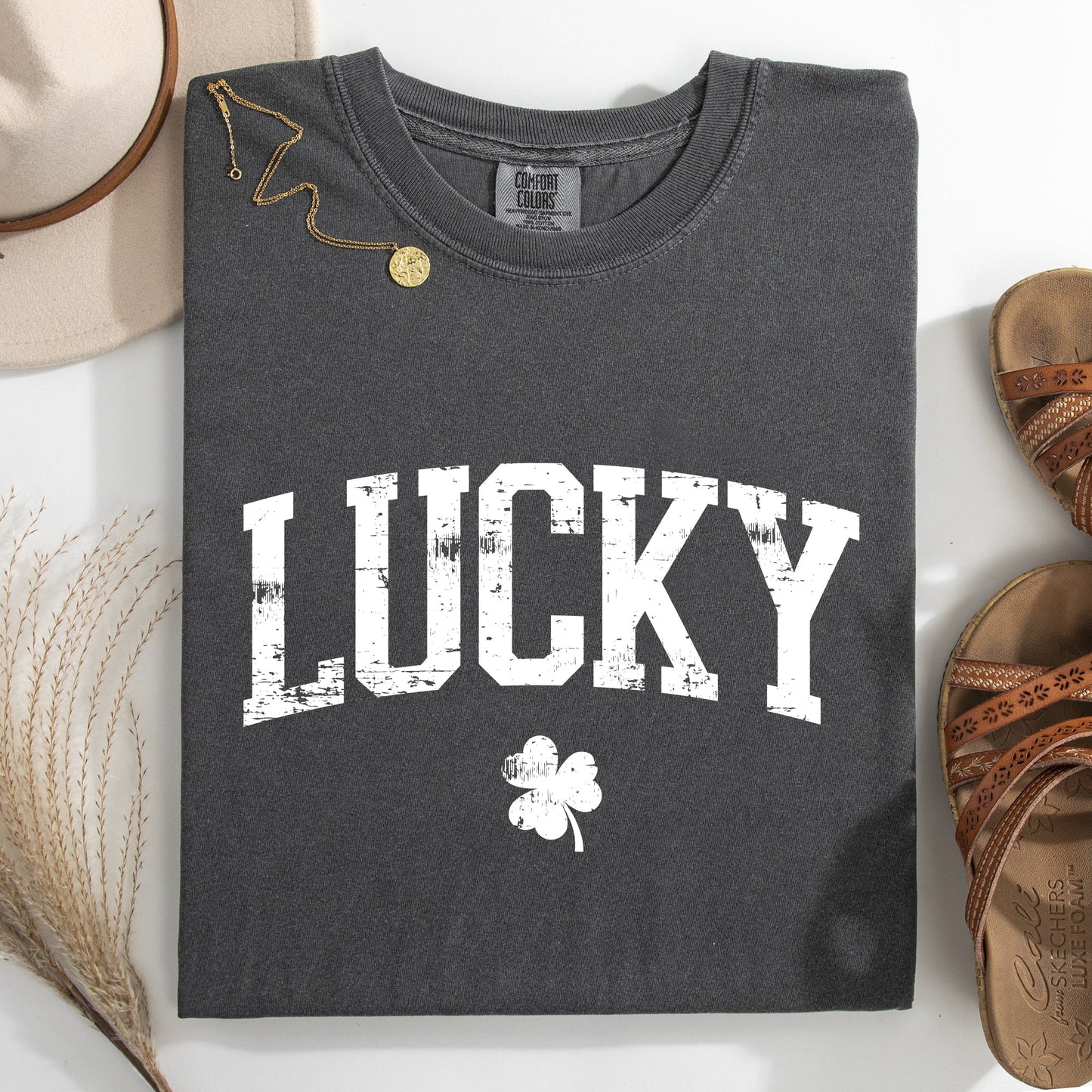 Lucky, Collegiate, Varsity, St Patrick's Day, Shamrock, Clover, Lucky, Leprechaun Tshirt Comfort Colors T-Shirt