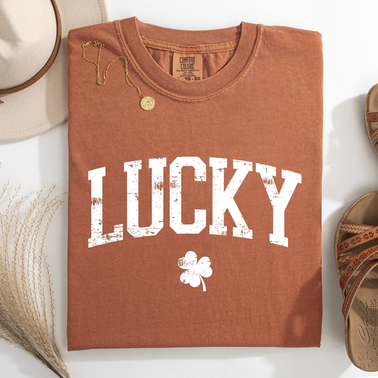 Lucky, Collegiate, Varsity, St Patrick's Day, Shamrock, Clover, Lucky, Leprechaun Tshirt Comfort Colors T-Shirt