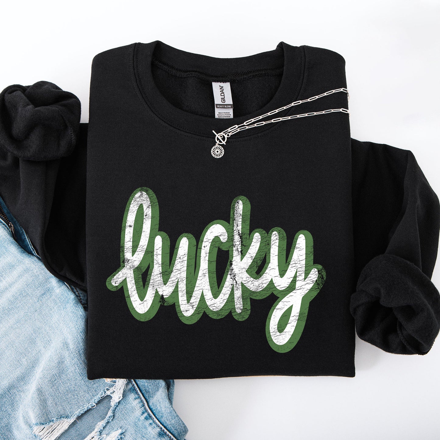Lucky, Cursive, Vintage, St Patrick's Day, Shamrock, Clover, Lucky, Leprechaun Sweatshirt
