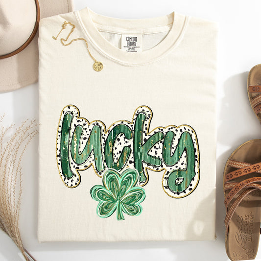 Lucky, Dalmatian Print, St Patrick's Day, Shamrock, Clover, Lucky, Leprechaun Tshirt Comfort Colors T-Shirt