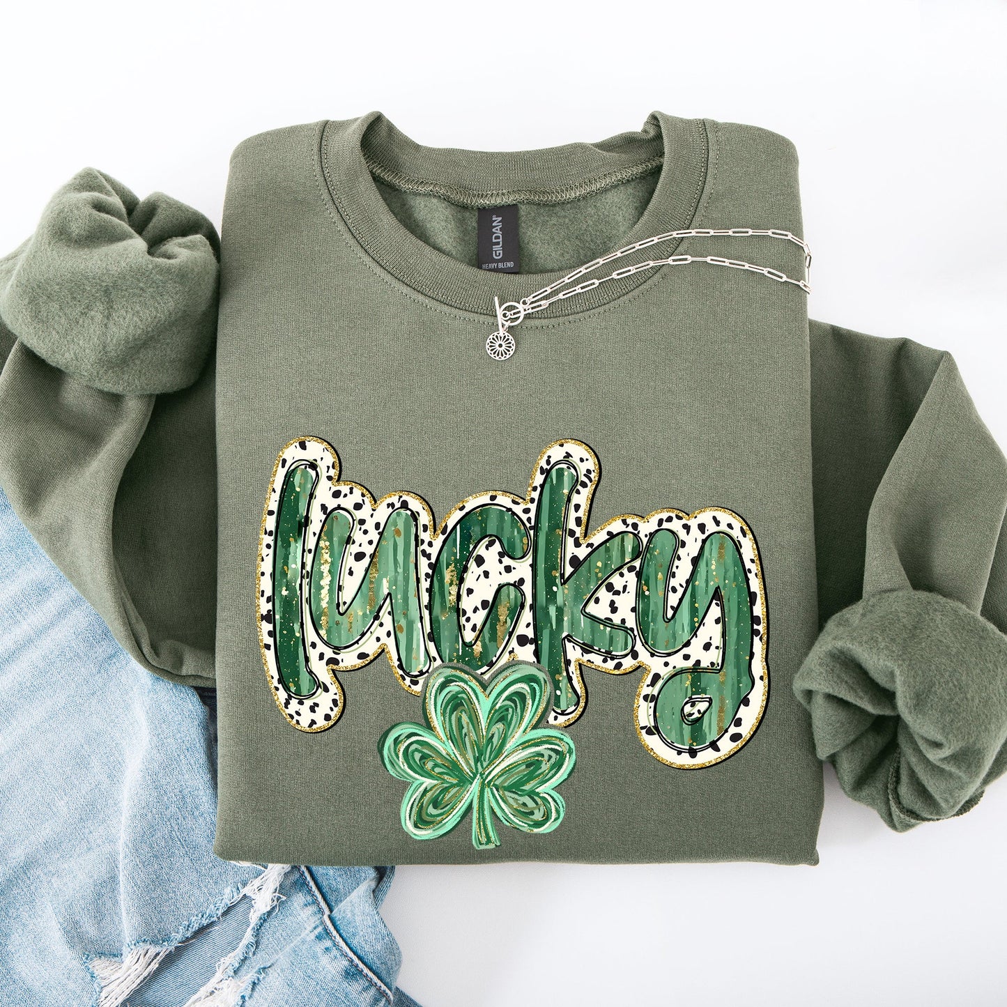 Lucky, Dalmatian Print, St Patrick's Day, Shamrock, Clover, Lucky, Leprechaun Sweatshirt