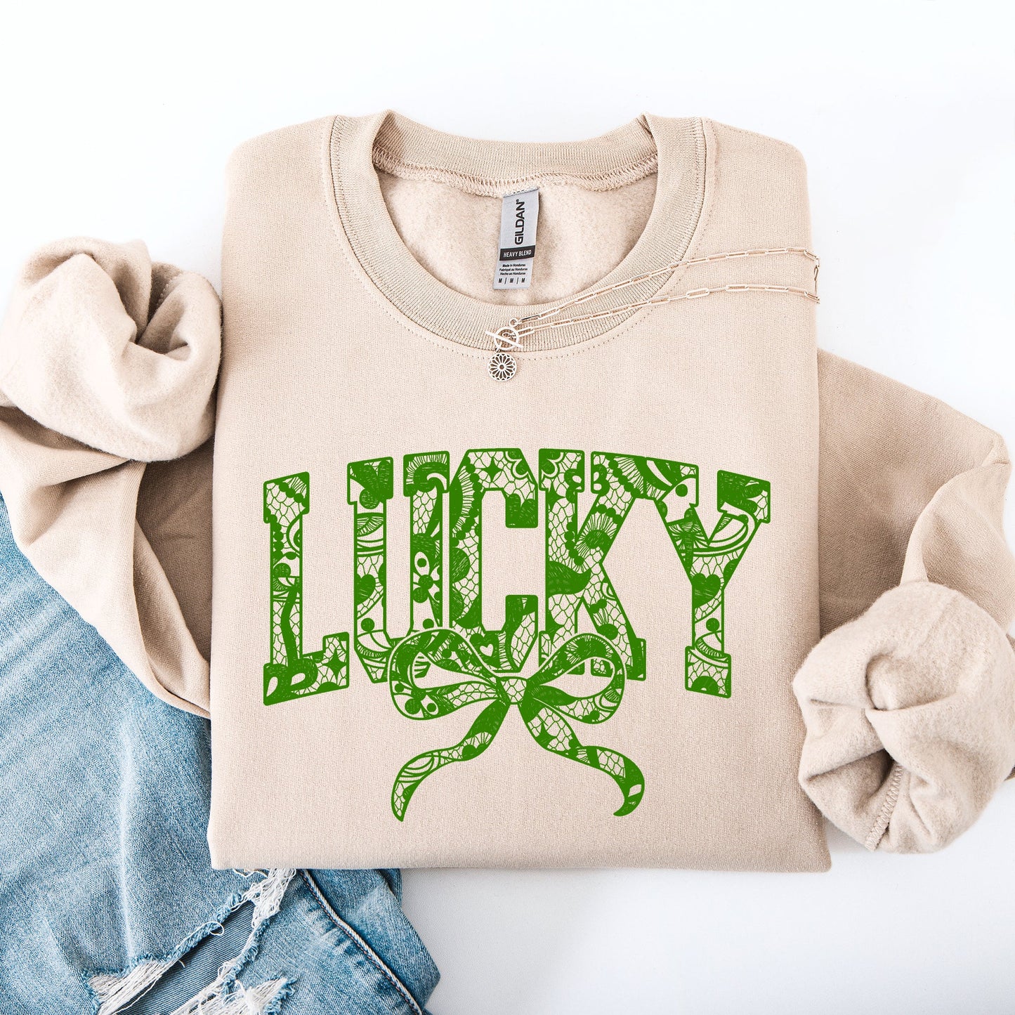 Lucky, Lace, Coquette, Ribbon, St Patrick's Day, Shamrock, Clover, Lucky, Leprechaun Sweatshirt