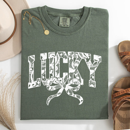 Lucky, Lace, Coquette, Ribbon, St Patrick's Day, Shamrock, Clover, Lucky, Leprechaun Tshirt Comfort Colors T-Shirt