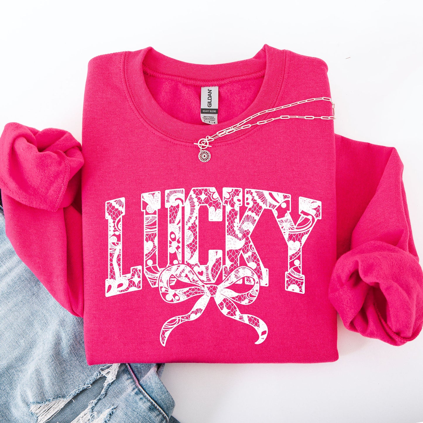 Lucky, Lace, Coquette, Ribbon, St Patrick's Day, Shamrock, Clover, Lucky, Leprechaun Sweatshirt