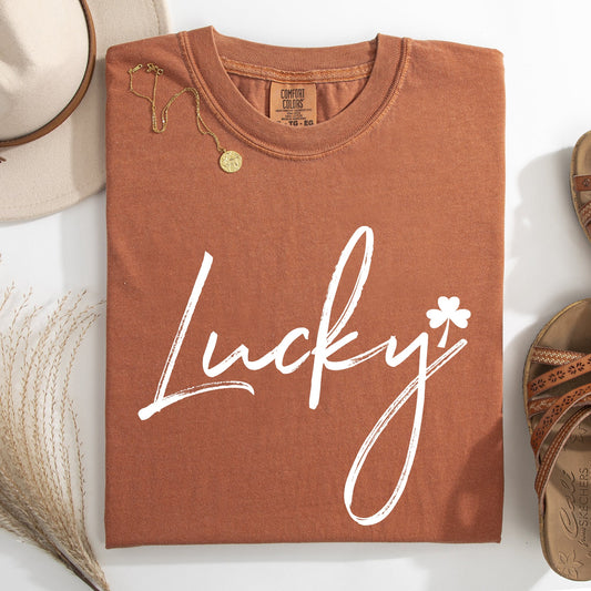 Lucky, Minimalist copy, St Patrick's Day, Shamrock, Clover, Lucky, Leprechaun Tshirt Comfort Colors T-Shirt