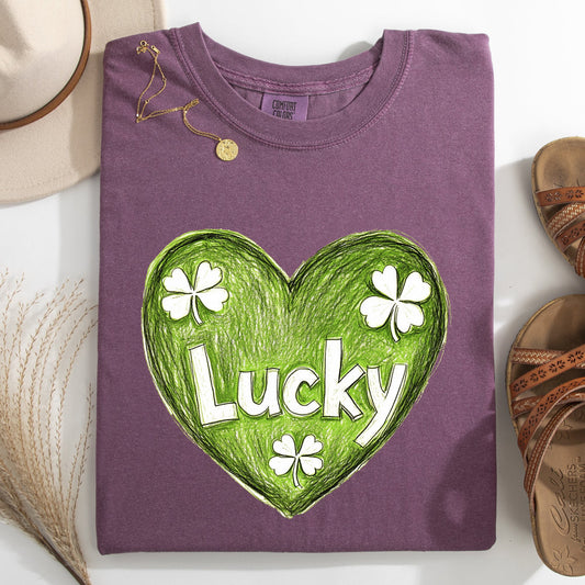 Lucky, Sketched Heart, St Patrick's Day, Shamrock, Clover, Lucky, Leprechaun Tshirt Comfort Colors T-Shirt