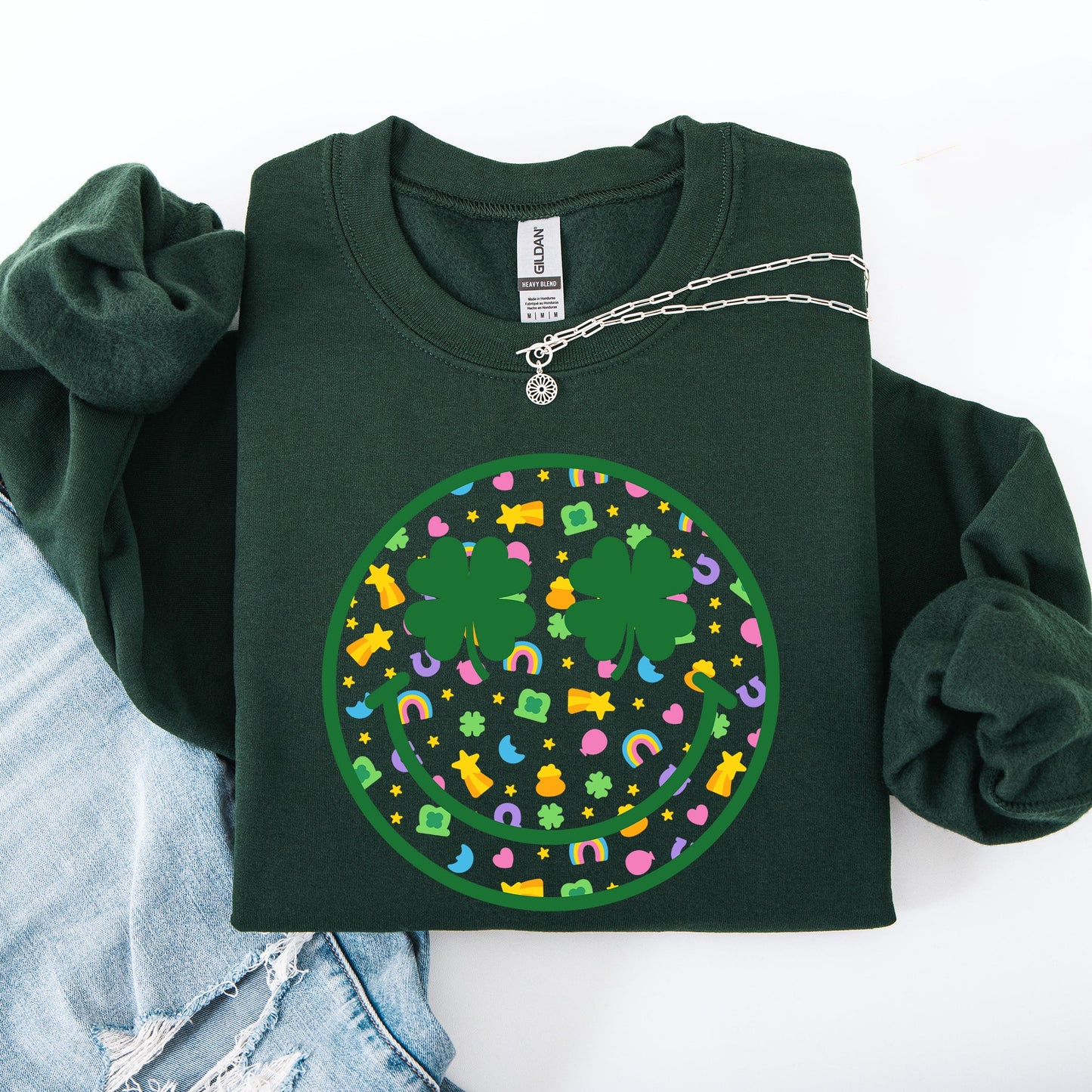Lucky, Smiley, Retro, Charms, St Patrick's Day, Shamrock, Clover, Lucky, Leprechaun Sweatshirt