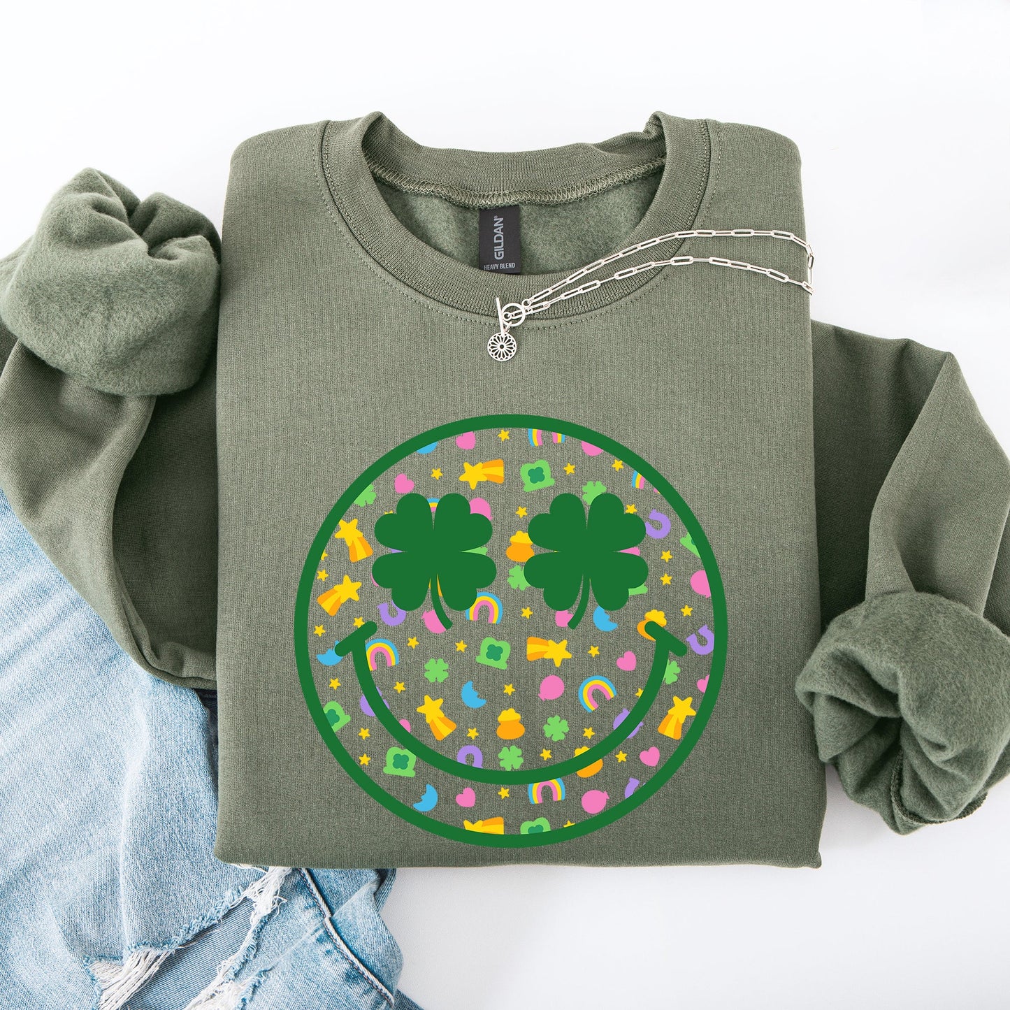 Lucky, Smiley, Retro, Charms, St Patrick's Day, Shamrock, Clover, Lucky, Leprechaun Sweatshirt