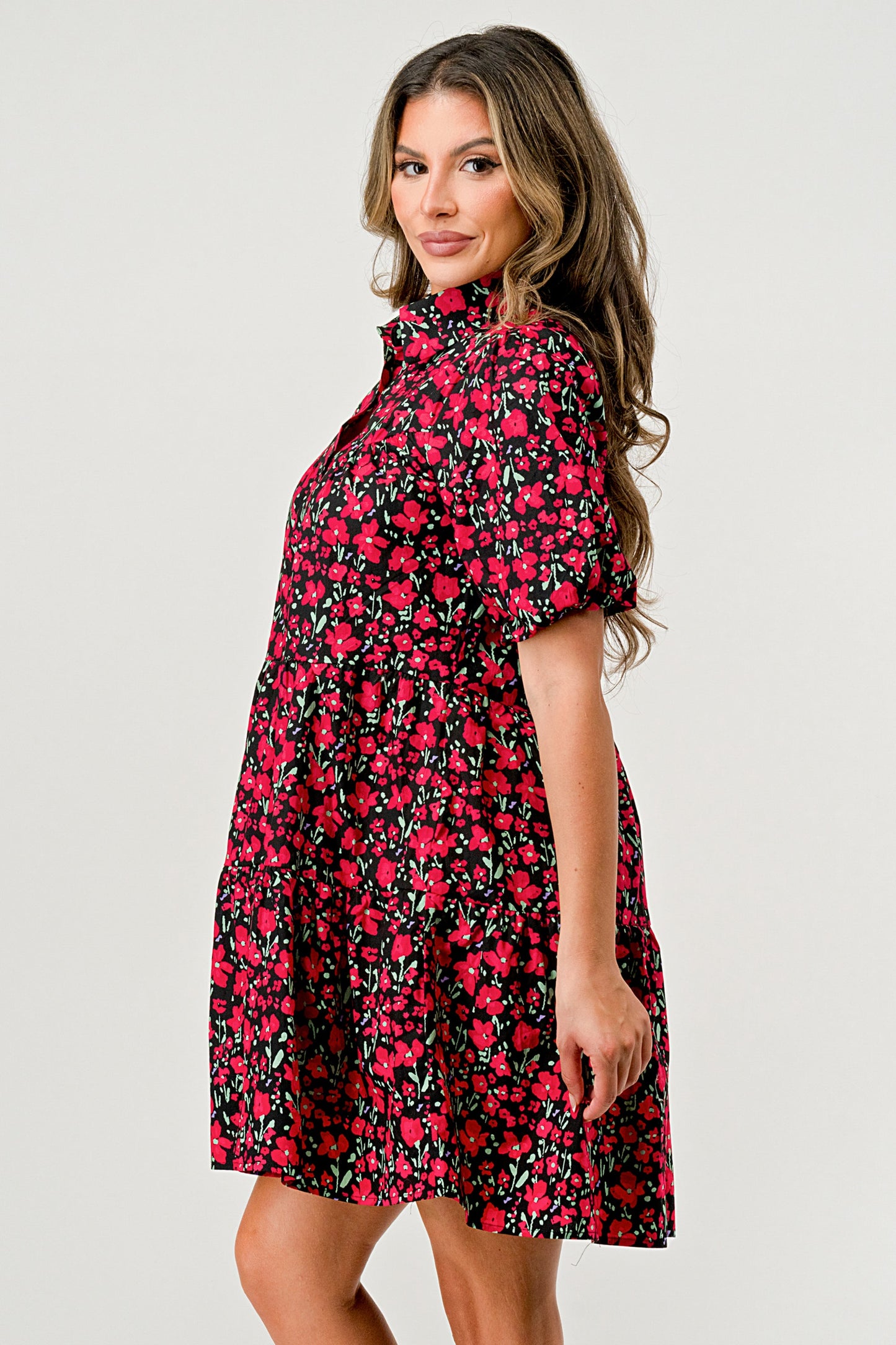Floral Print Tiered Dress with Puff Sleeves - Button-Down Casual | Apparel | Kitchen + Metal