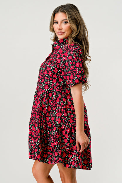 Floral Print Tiered Dress with Puff Sleeves - Button-Down Casual | Apparel | Kitchen + Metal