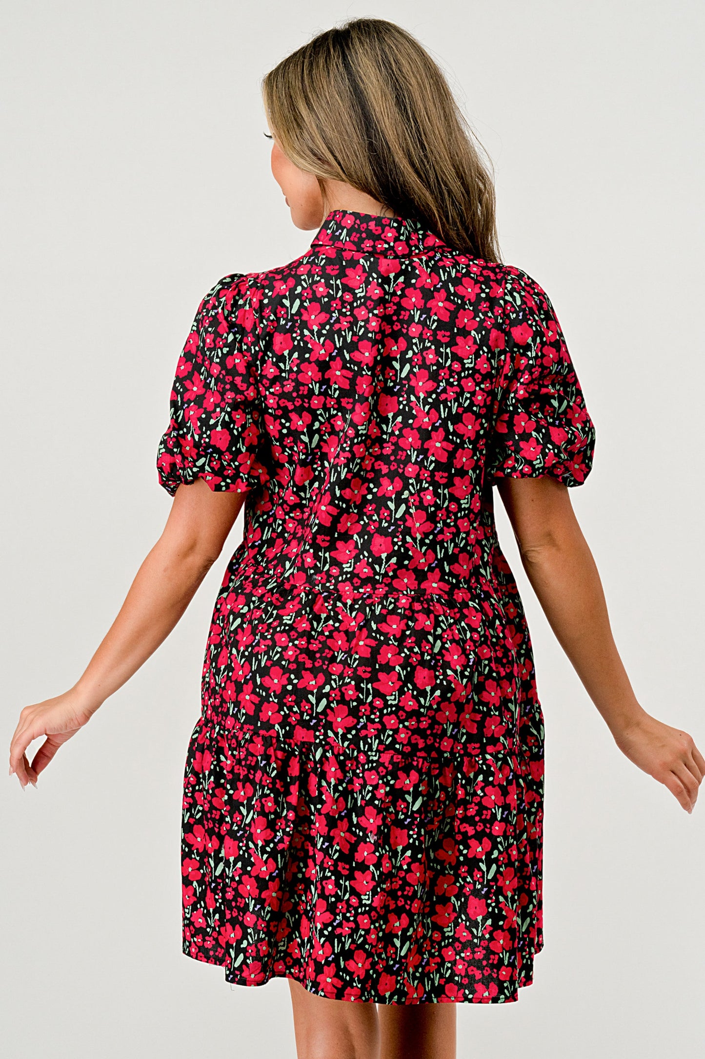 Floral Print Tiered Dress with Puff Sleeves - Button-Down Casual | Apparel | Kitchen + Metal