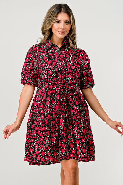 Floral Print Tiered Dress with Puff Sleeves - Button-Down Casual | Apparel | Kitchen + Metal