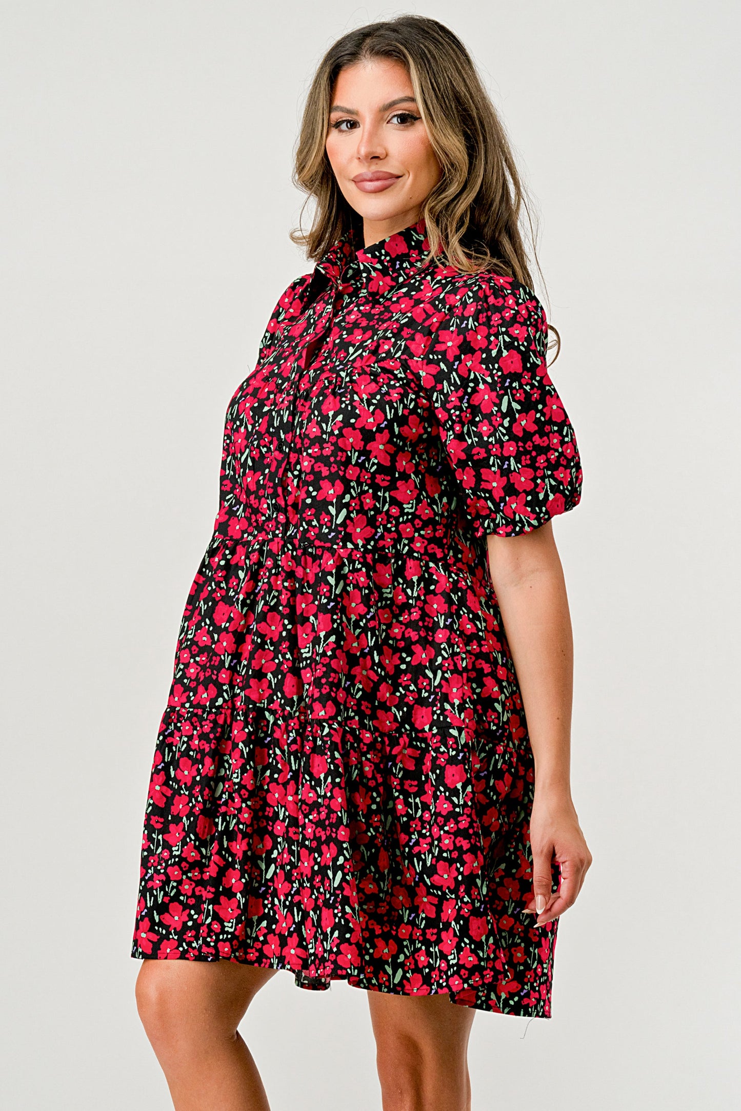 Floral Print Tiered Dress with Puff Sleeves - Button-Down Casual | Apparel | Kitchen + Metal