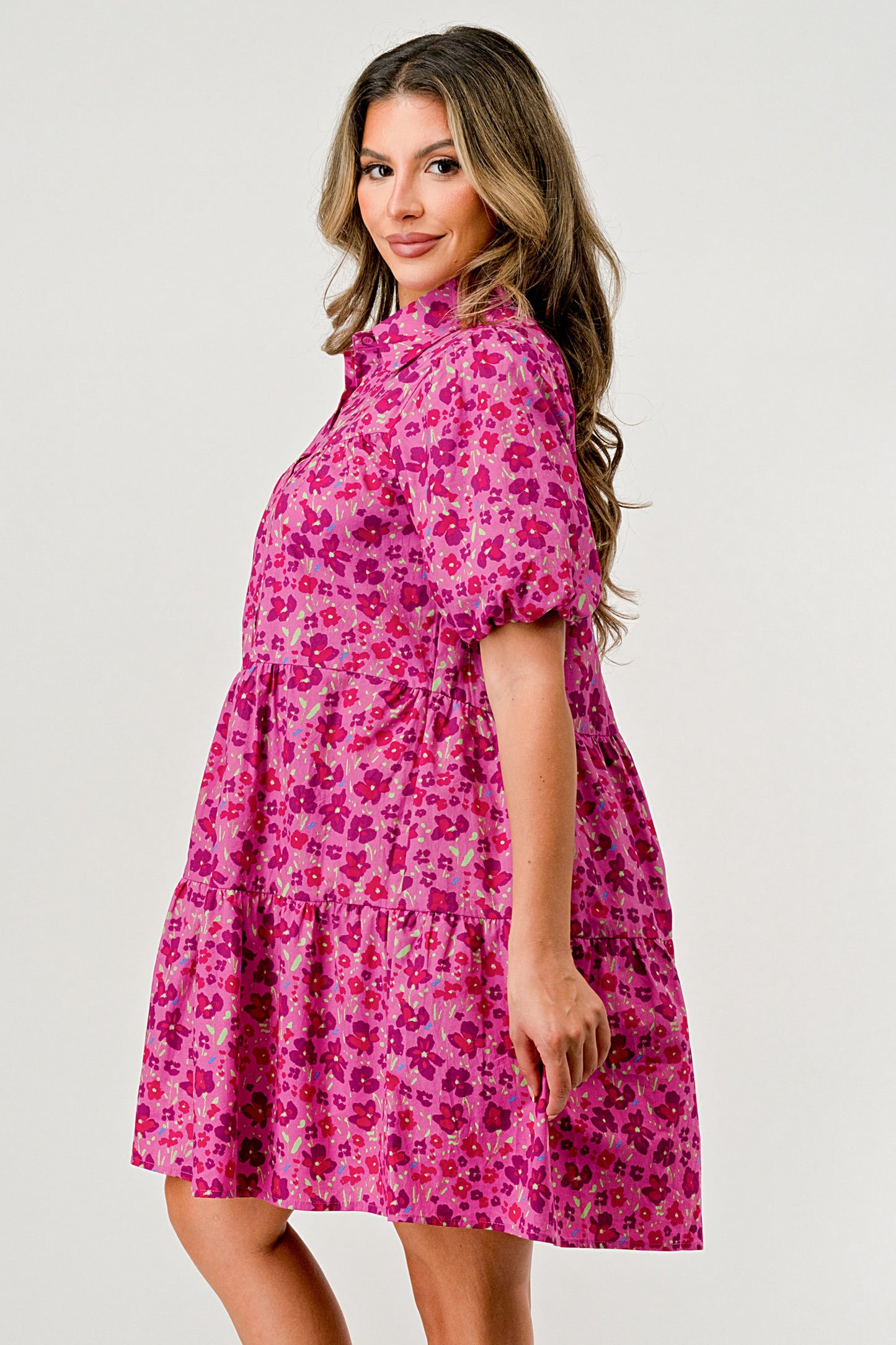 Floral Print Tiered Dress with Puff Sleeves - Button-Down Casual | Apparel | Kitchen + Metal