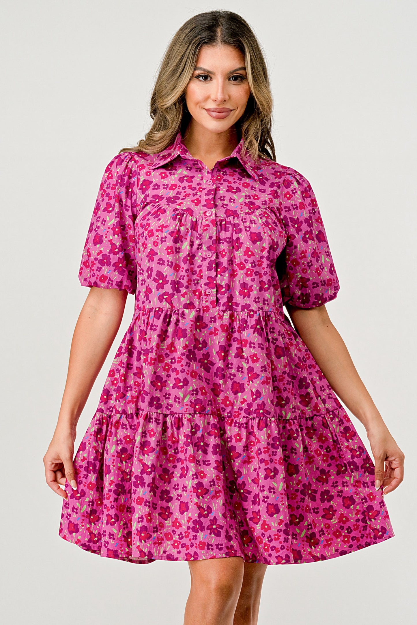 Floral Print Tiered Dress with Puff Sleeves - Button-Down Casual | Apparel | Kitchen + Metal