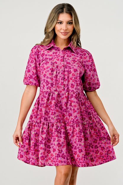 Floral Print Tiered Dress with Puff Sleeves - Button-Down Casual | Apparel | Kitchen + Metal